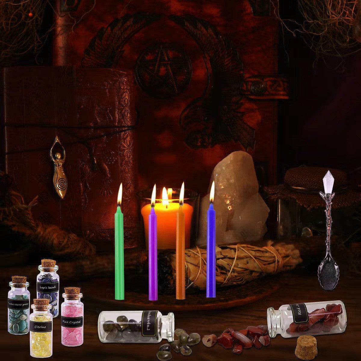 Witchcraft Dried Flower Stone Color Pole Candle Western Festival Candle Suit